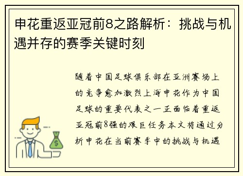 申花重返亚冠前8之路解析:挑战与机遇并存的赛季关键时刻 申花重返亚冠前8之路解析:挑战与机遇并存的赛季关键时刻